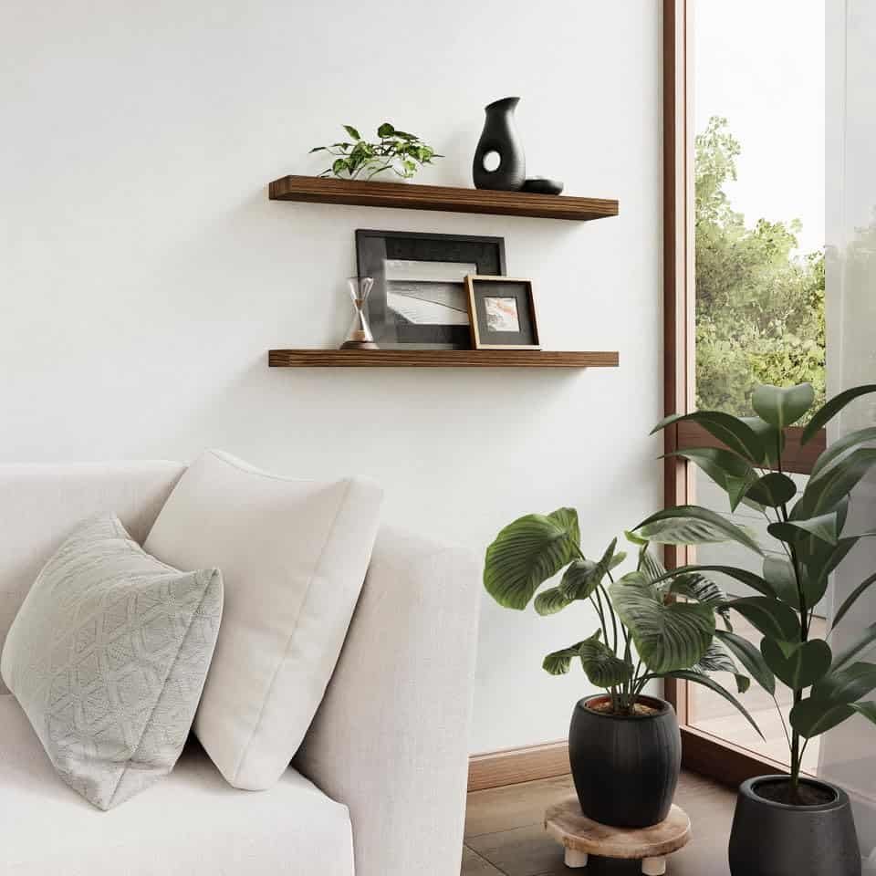 corner walnut floating shelves